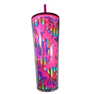 Starbucks Tumbler Pink Holographic 24 Oz Straw Lid ribbon travel coffee cup